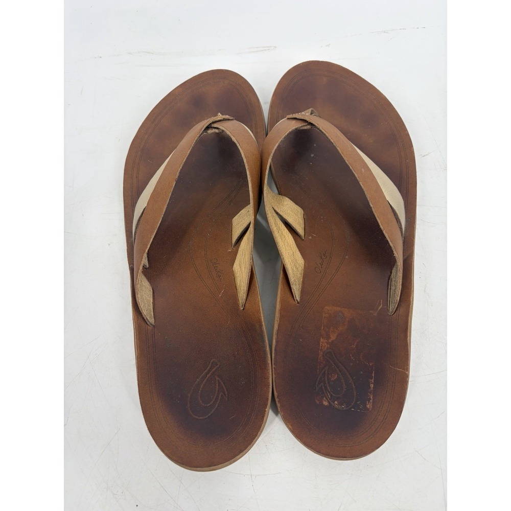 OluKai Kaekae Brown Leather Thong Slide In Sandals Womens Size 10 - Picture 6 of 10